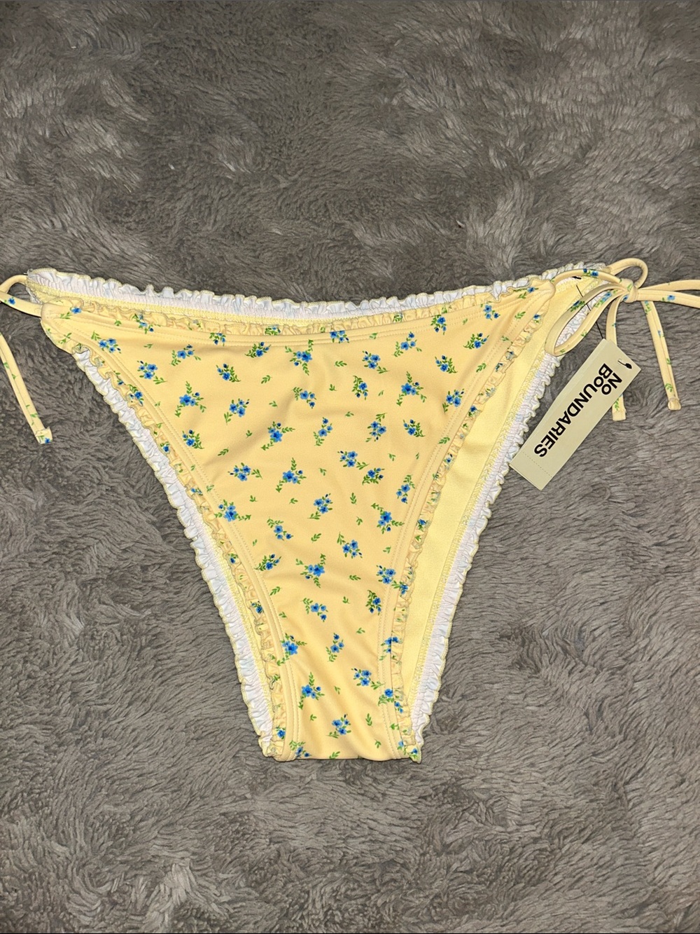 No Boundaries Yellow Floral Tie-Side Bikini Bottom with Blue Blossoms